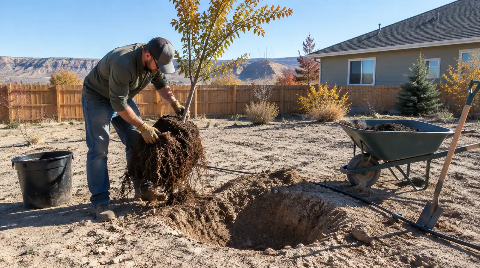 Crew planting a shade tree in an irrigated yard in Twin Falls, ID