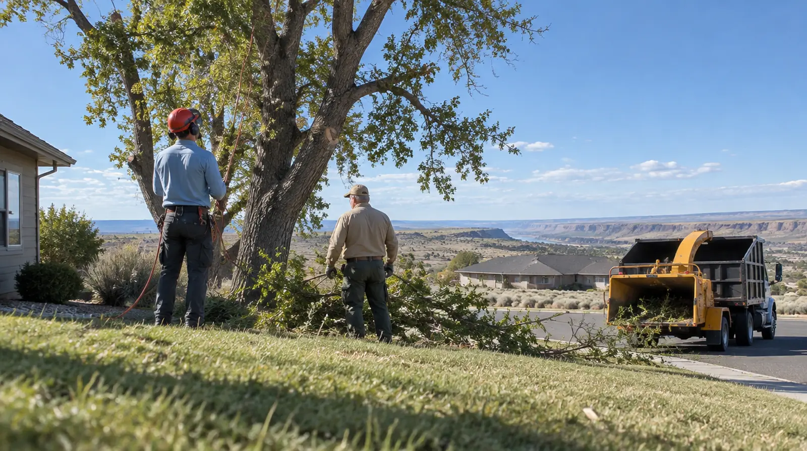 Tree service crew trimming a tree beside a home in Twin Falls, ID