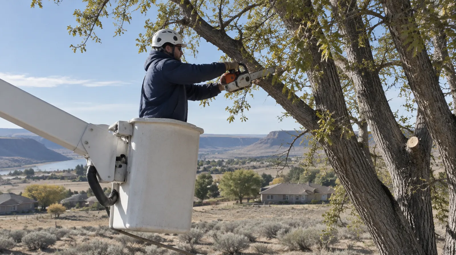 Arborist trimming tree branches from a bucket lift in Twin Falls, ID